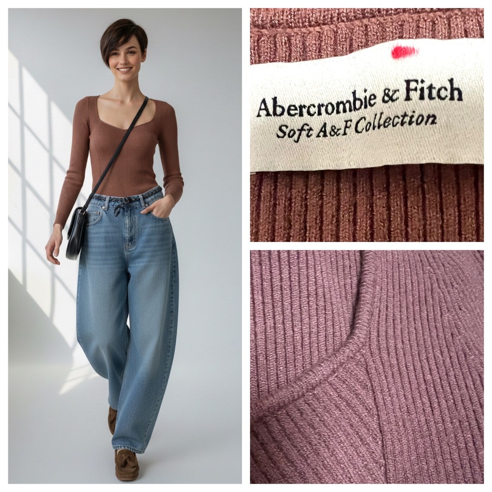 Abercrombie Fitch LuxeLoft Top Women's Ribbed Sweetheart Neck Brown Sz S‎ Preppy - Picture 15 of 16